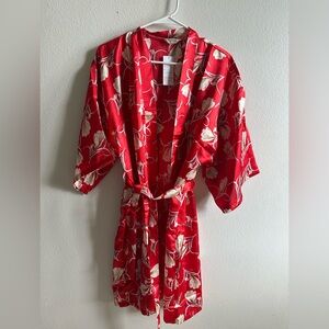 Red Floral Silk Kimono Robe - Women's Sleepwear